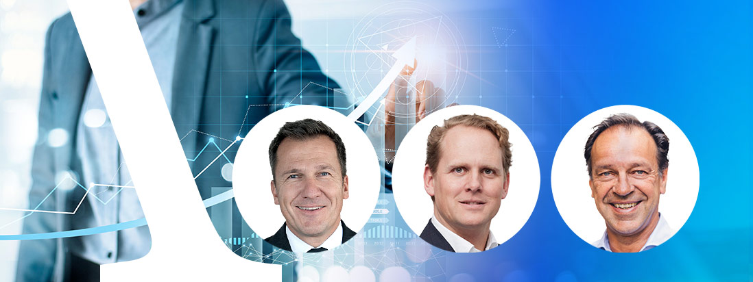Dr. Christian Frank, Jens Wassenhoven und Peter Hartmann vor einem Sales Chart mit aufsteigendem Pfeil.