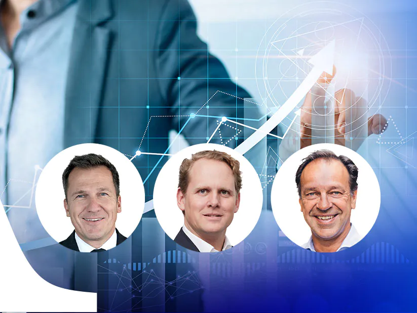 Dr. Christian Frank, Jens Wassenhoven und Peter Hartmann vor einem Sales Chart mit aufsteigendem Pfeil.
