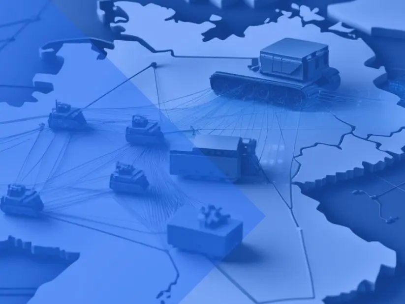 atreus_Events 7 3D-Karte von Deutschland mit Militärfahrzeugen, digitalen Vernetzungen und moderner Verteidigungstechnologie.